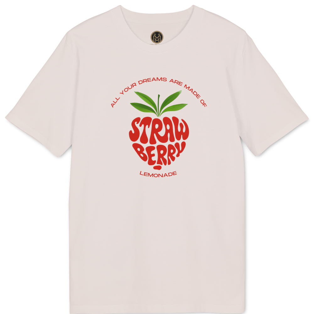 A light pink short-sleeve t-shirt with a red and green strawberry graphic on the front, featuring the text 'ALL YOUR DREAMS ARE MADE OF STRAW BERRY' and 'LEMONADE' below.