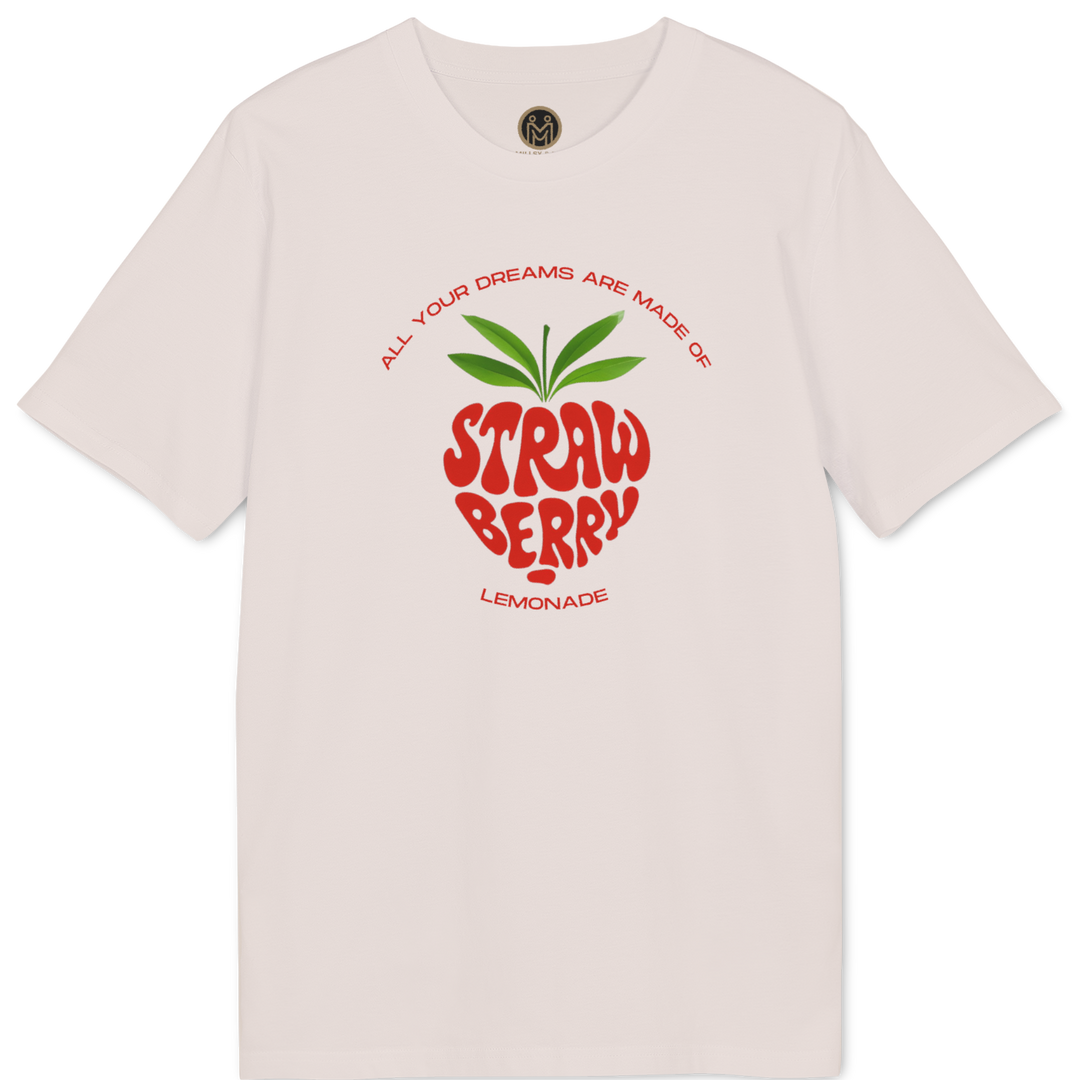 A light pink short-sleeve t-shirt with a red and green strawberry graphic on the front, featuring the text &