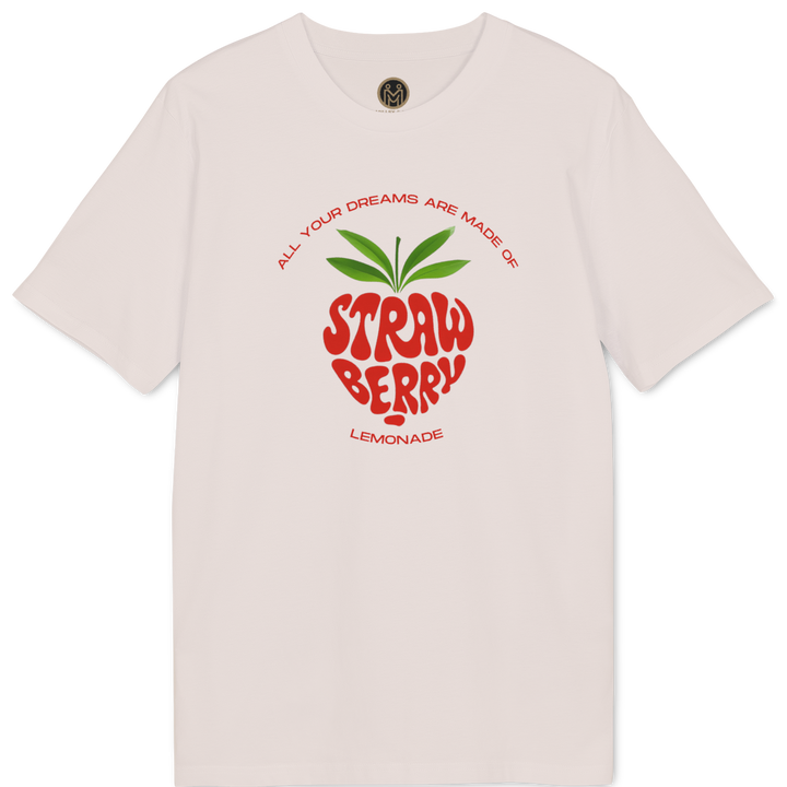 A light pink short-sleeve t-shirt with a red and green strawberry graphic on the front, featuring the text &