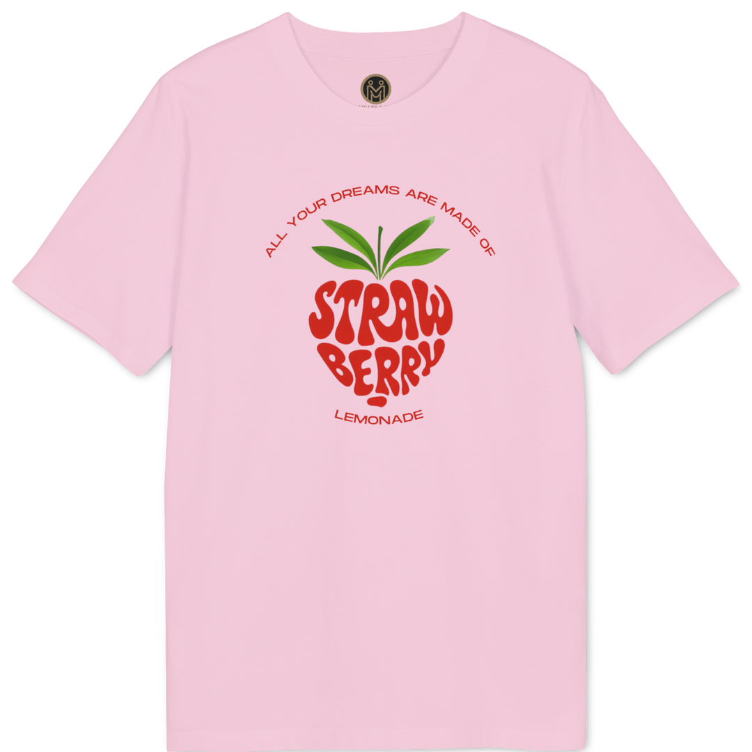 A light pink short-sleeve t-shirt with a graphic on the chest depicting a red strawberry with green leaves and the text &