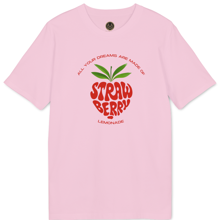 A light pink short-sleeve t-shirt with a graphic on the chest depicting a red strawberry with green leaves and the text &