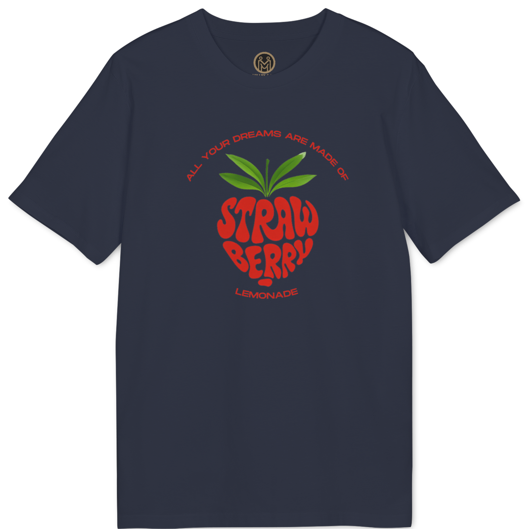 A navy blue short-sleeve t-shirt with a red and green graphic on the chest depicting a strawberry-shaped lemonade stand with the text &