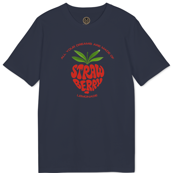 A navy blue short-sleeve t-shirt with a red and green graphic on the chest depicting a strawberry-shaped lemonade stand with the text &