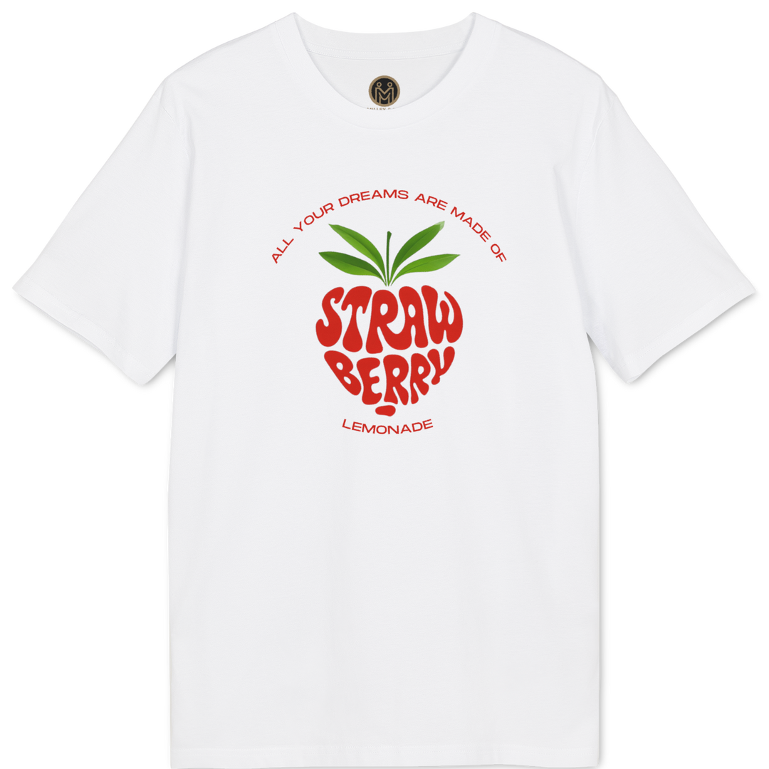 A white short-sleeve crewneck t-shirt featuring a red and green graphic on the chest that reads 'ALL YOUR DREAMS ARE MADE OF STRAW BERRY' and 'LEMONADE'.