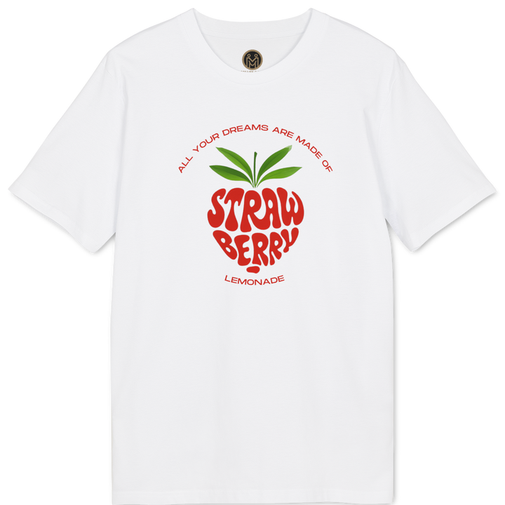 A white short-sleeve crewneck t-shirt featuring a red and green graphic on the chest that reads &
