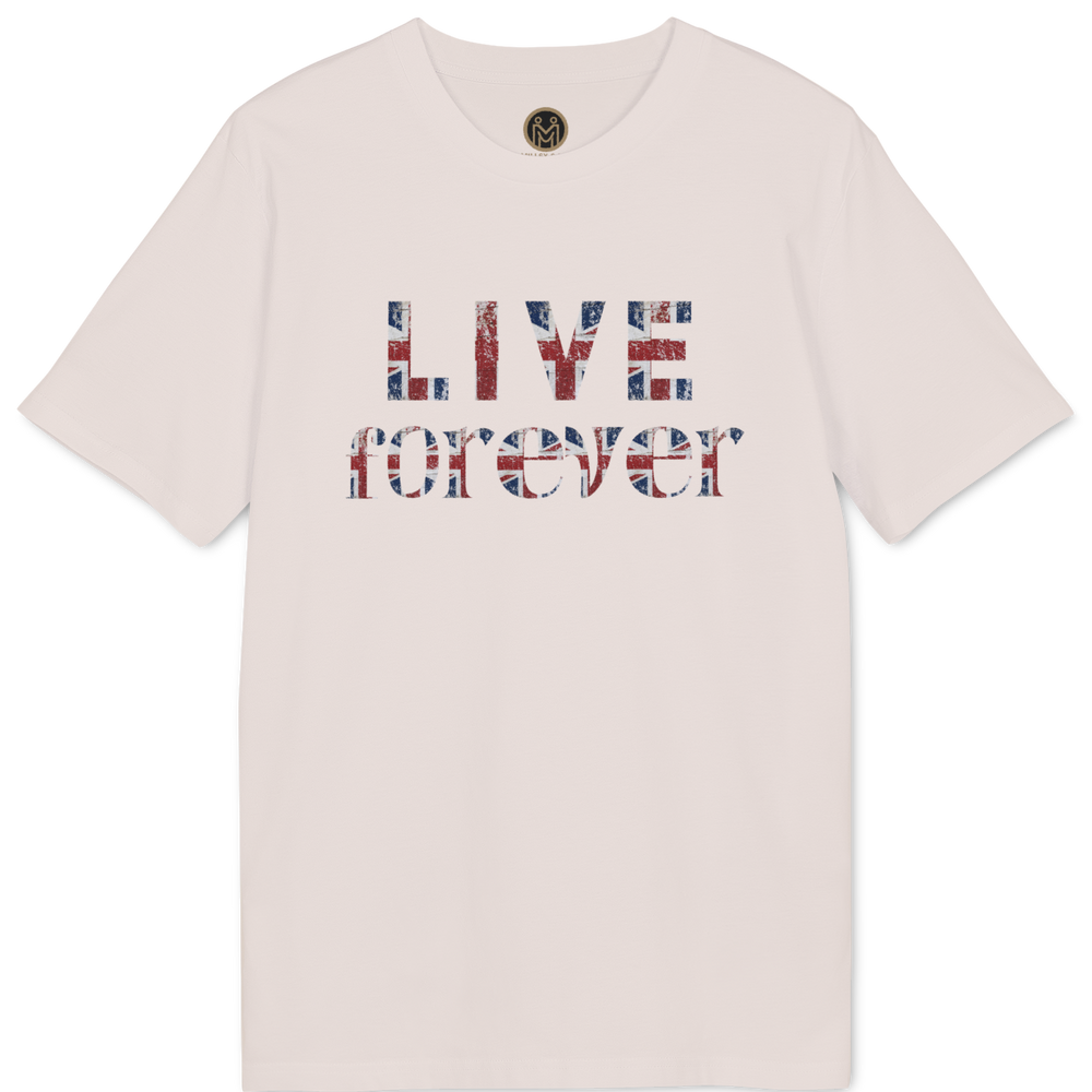 A light pink short-sleeve t-shirt with a graphic on the chest reading 'LIVE forever' in a distressed red, white, and blue pattern. The shirt is displayed flat against a solid white background.