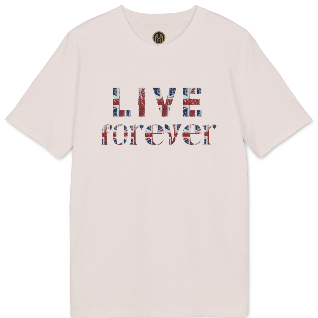 A light pink short-sleeve t-shirt with a graphic on the chest reading &
