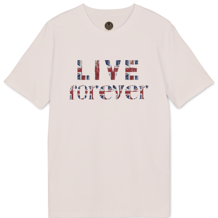 A light pink short-sleeve t-shirt with a graphic on the chest reading &