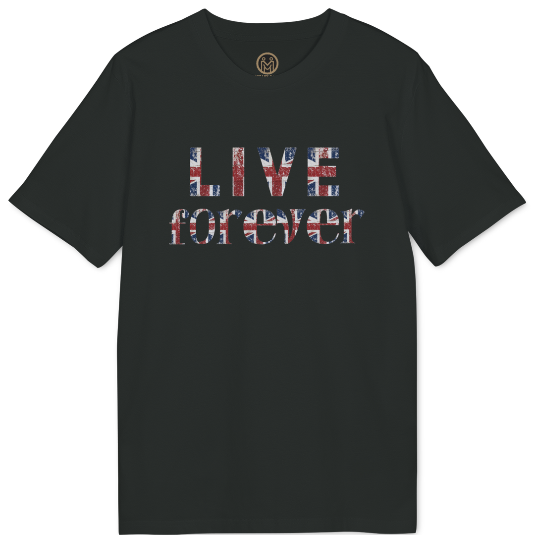 A black short-sleeve crewneck t-shirt featuring the text &
