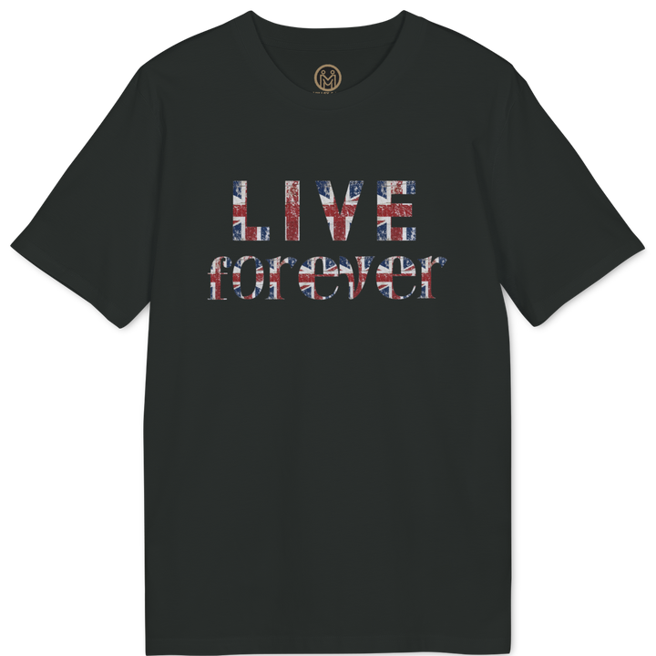 A black short-sleeve crewneck t-shirt featuring the text &