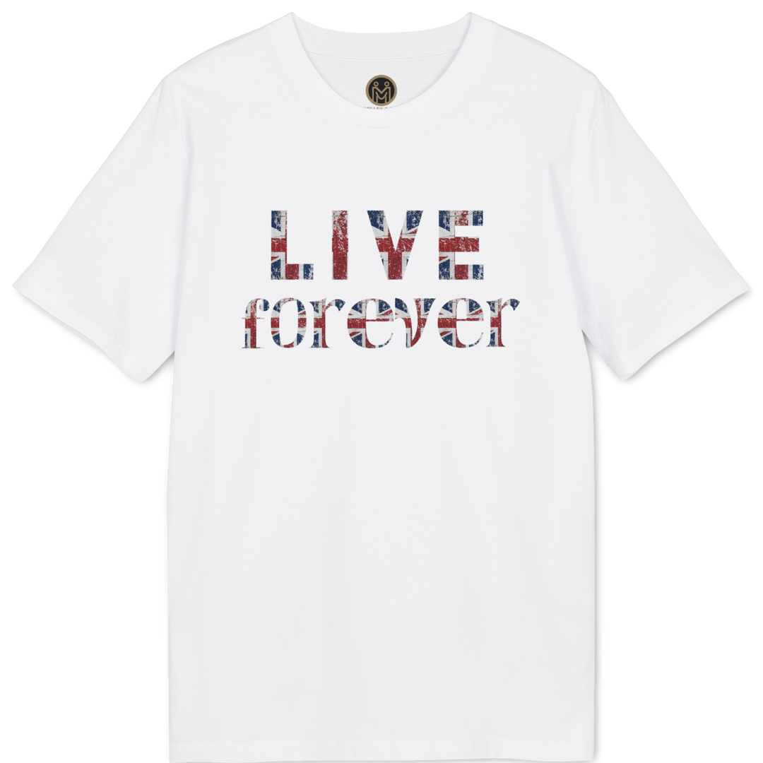 A white short-sleeve crewneck t-shirt featuring the text 'LIVE forever' printed across the chest in a distressed, patriotic red, white, and blue pattern.