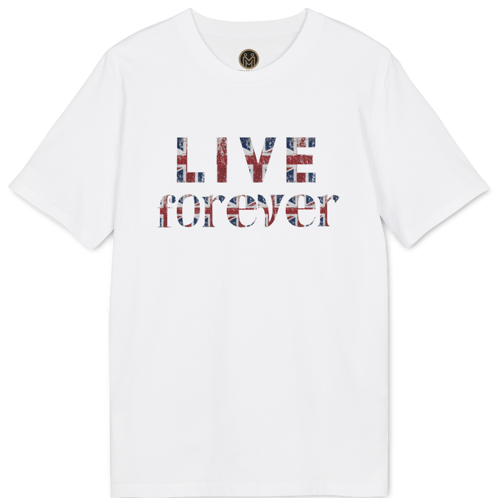 A white short-sleeve crewneck t-shirt featuring the text &