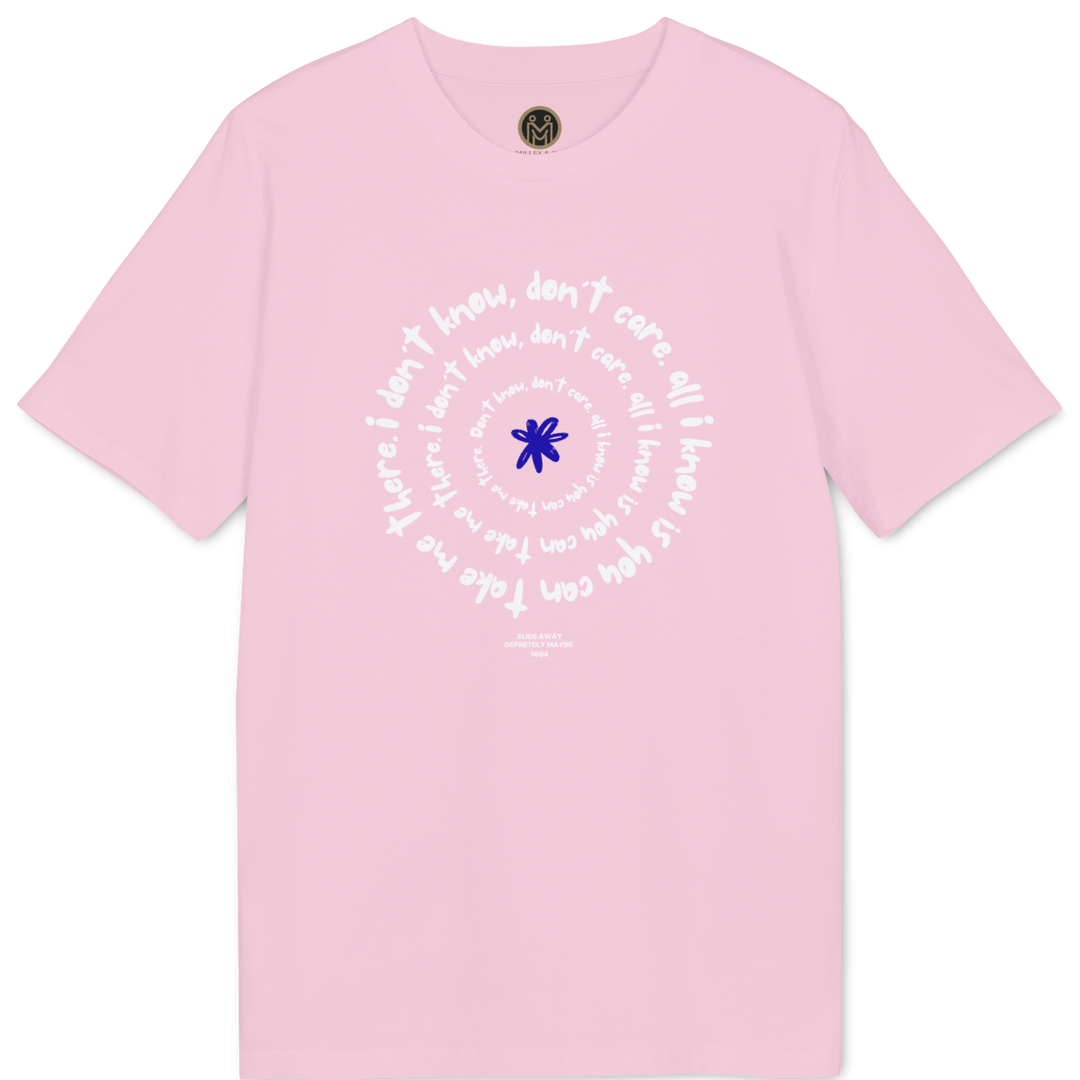 A light pink short-sleeve t-shirt with a circular graphic on the chest. The graphic features white cursive text reading &