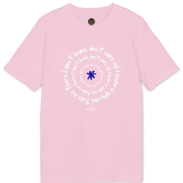 A light pink short-sleeve t-shirt with a circular graphic on the chest. The graphic features white cursive text reading &