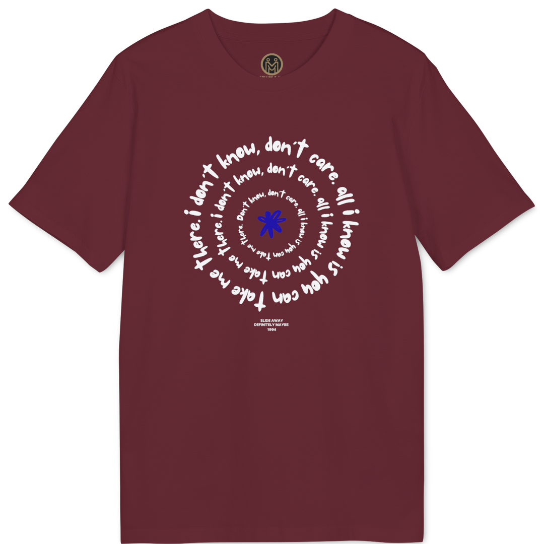 A maroon short-sleeve crewneck t-shirt with a circular graphic on the chest. The graphic features white cursive text reading &