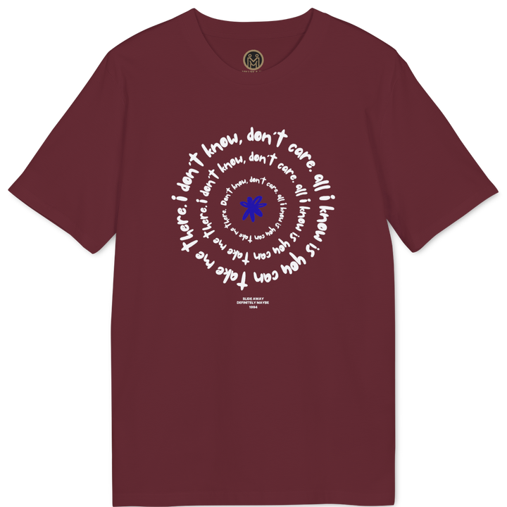 A maroon short-sleeve crewneck t-shirt with a circular graphic on the chest. The graphic features white cursive text reading &