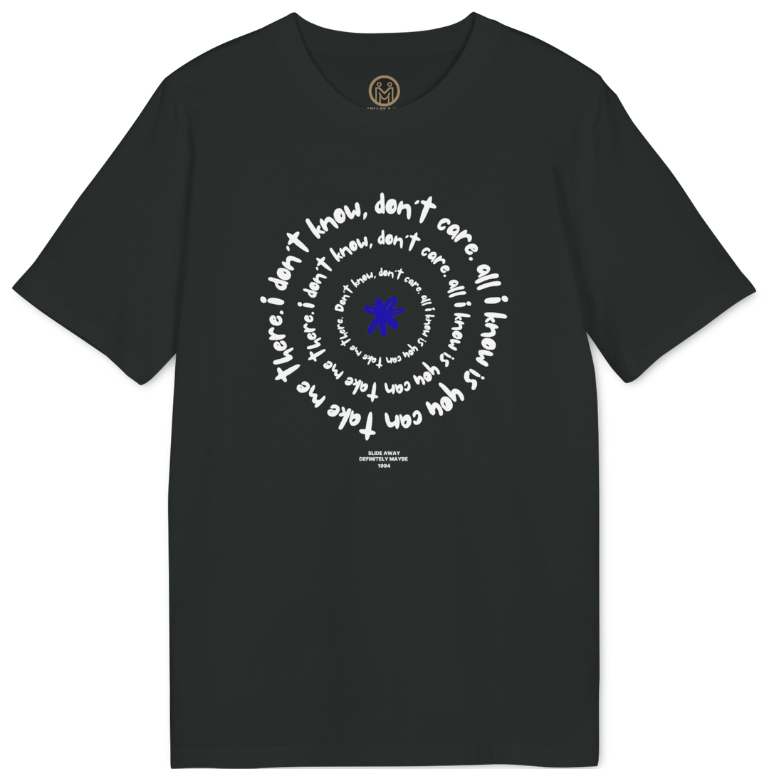 A black short-sleeve t-shirt with a circular graphic on the chest. The graphic features a white spiral of handwritten text surrounding a central blue star, with a small circular gold emblem printed inside the collar.