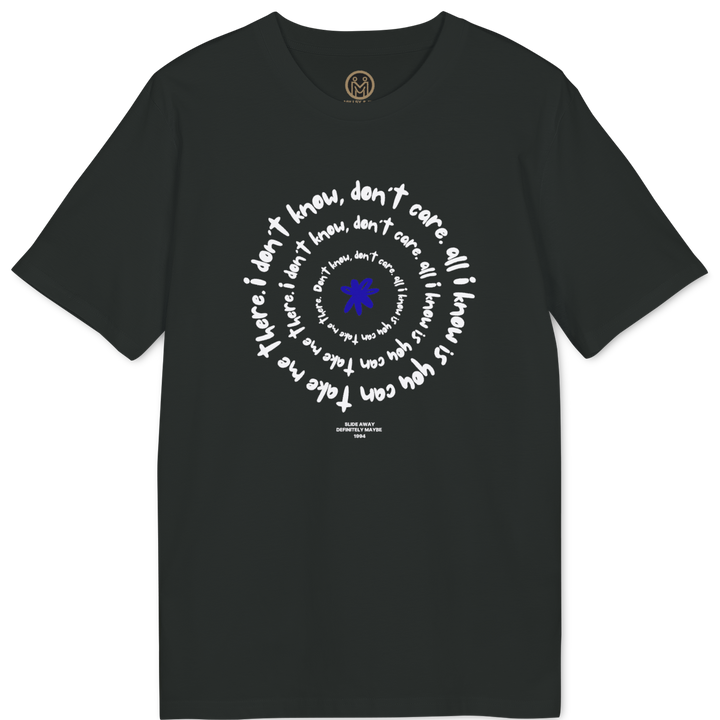A black short-sleeve t-shirt with a circular graphic on the chest. The graphic features a white spiral of handwritten text surrounding a central blue star, with a small circular gold emblem printed inside the collar.
