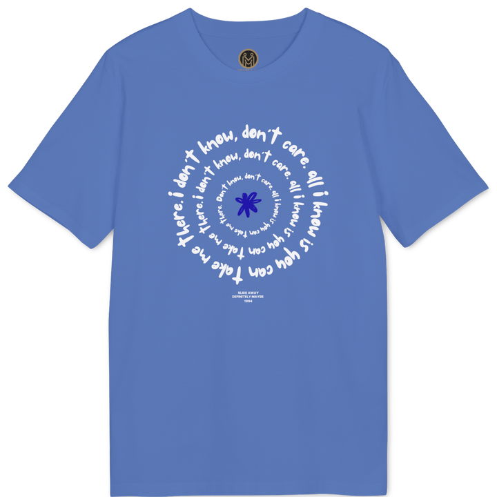 A blue short-sleeve crewneck t-shirt with a circular graphic on the chest. The graphic features white text reading &