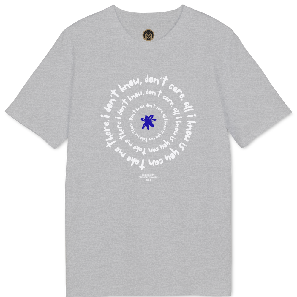 A light gray heather crewneck t-shirt featuring a circular graphic print on the chest. The design consists of white cursive text arranged in a spiral around a central blue asterisk symbol.