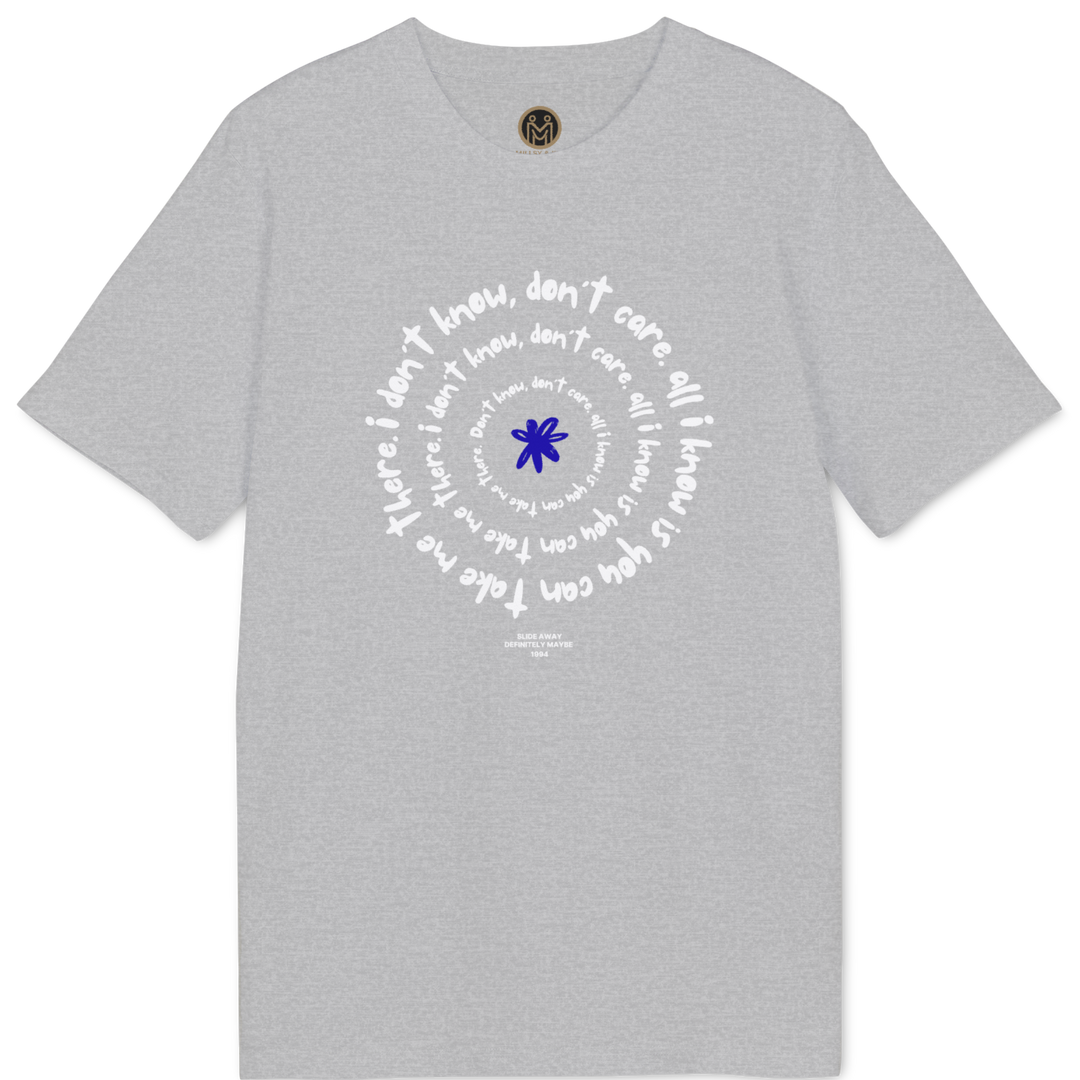 A light gray heather crewneck t-shirt featuring a circular graphic print on the chest. The design consists of white cursive text arranged in a spiral around a central blue asterisk symbol.