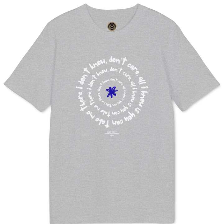 A light gray heather crewneck t-shirt featuring a circular graphic print on the chest. The design consists of white cursive text arranged in a spiral around a central blue asterisk symbol.
