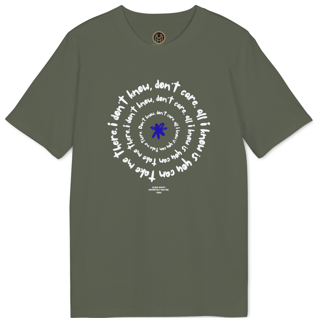 An olive green short-sleeve t-shirt with a circular graphic on the chest. The graphic features white handwritten-style text arranged in a spiral around a central blue star, with a small circular logo printed inside the collar.