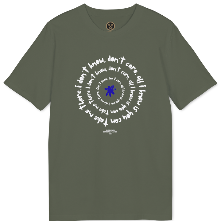 An olive green short-sleeve t-shirt with a circular graphic on the chest. The graphic features white handwritten-style text arranged in a spiral around a central blue star, with a small circular logo printed inside the collar.