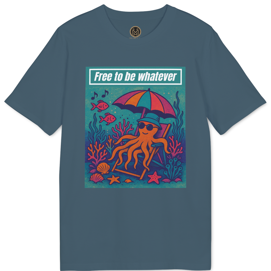 A slate blue crewneck t-shirt featuring a colorful graphic print of an octopus relaxing under a rainbow umbrella on an ocean reef, with the text &
