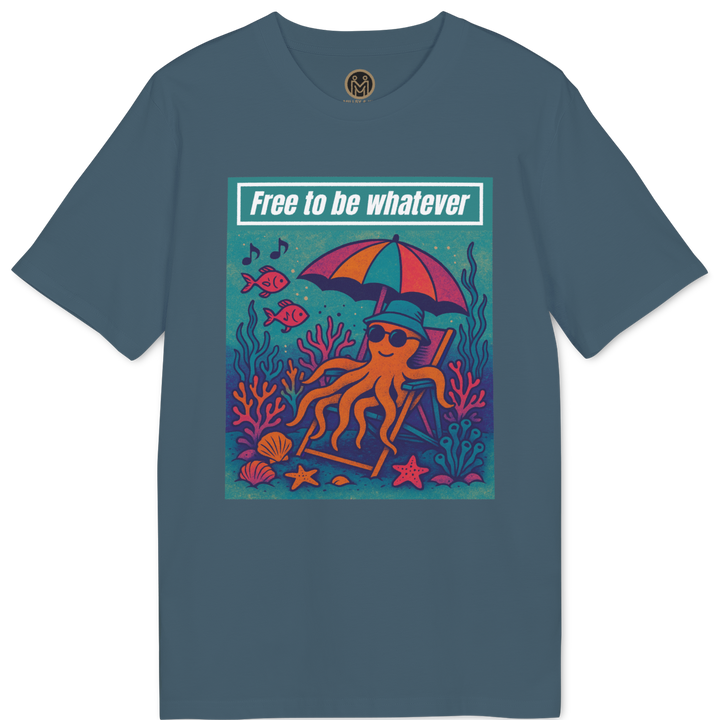 A slate blue crewneck t-shirt featuring a colorful graphic print of an octopus relaxing under a rainbow umbrella on an ocean reef, with the text &