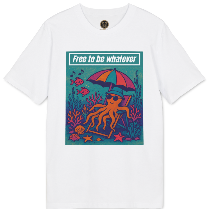 A white short-sleeve crewneck t-shirt featuring a colorful graphic print of an octopus relaxing under a pink and orange umbrella on a teal ocean floor, with the text &