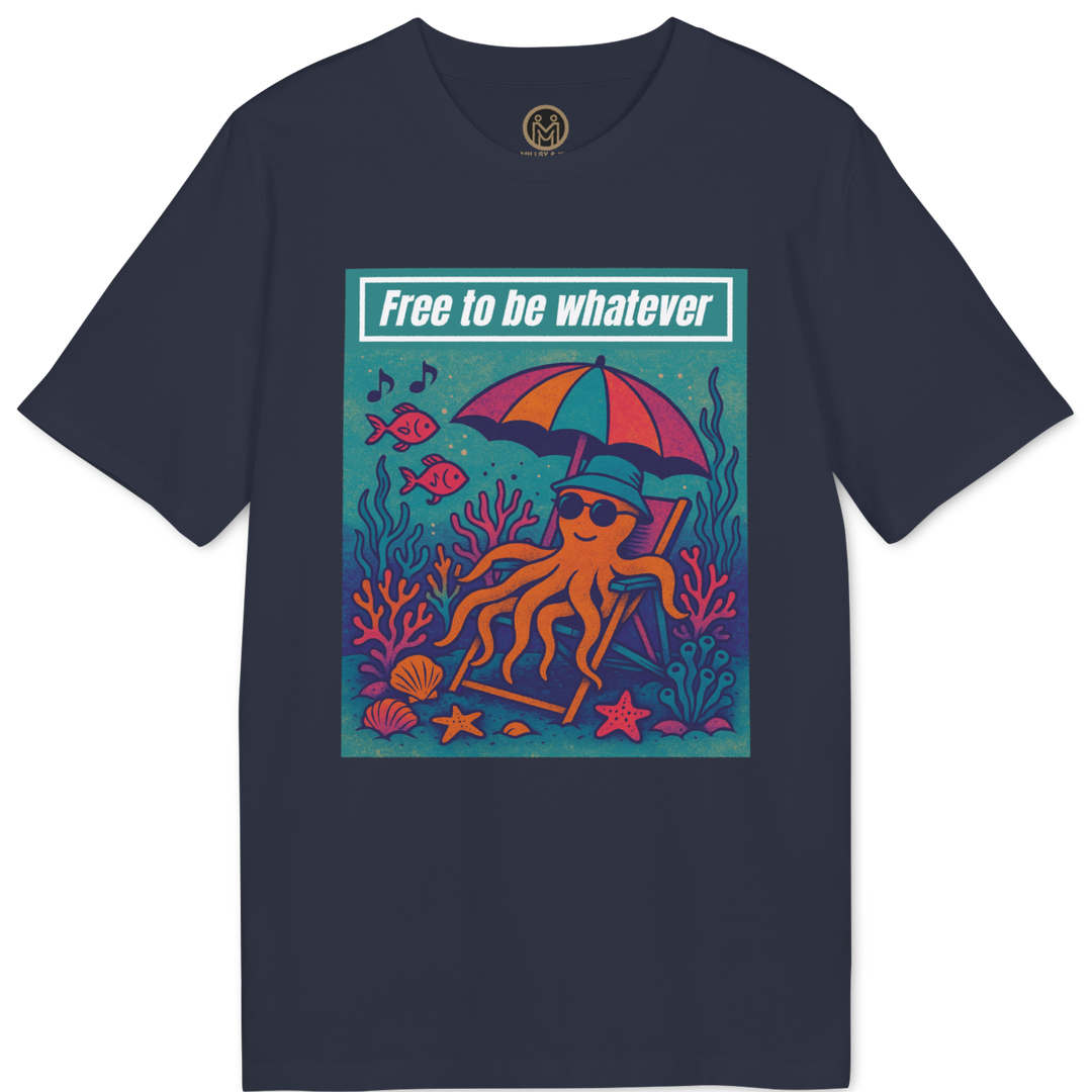 A navy blue short-sleeve t-shirt with a colorful graphic print on the front. The graphic features an octopus wearing sunglasses and a hat under a pink and blue umbrella, lounging on a beach chair on an underwater scene with coral and fish.