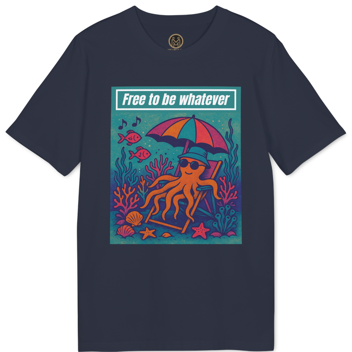 A navy blue short-sleeve t-shirt with a colorful graphic print on the front. The graphic features an octopus wearing sunglasses and a hat under a pink and blue umbrella, lounging on a beach chair on an underwater scene with coral and fish.