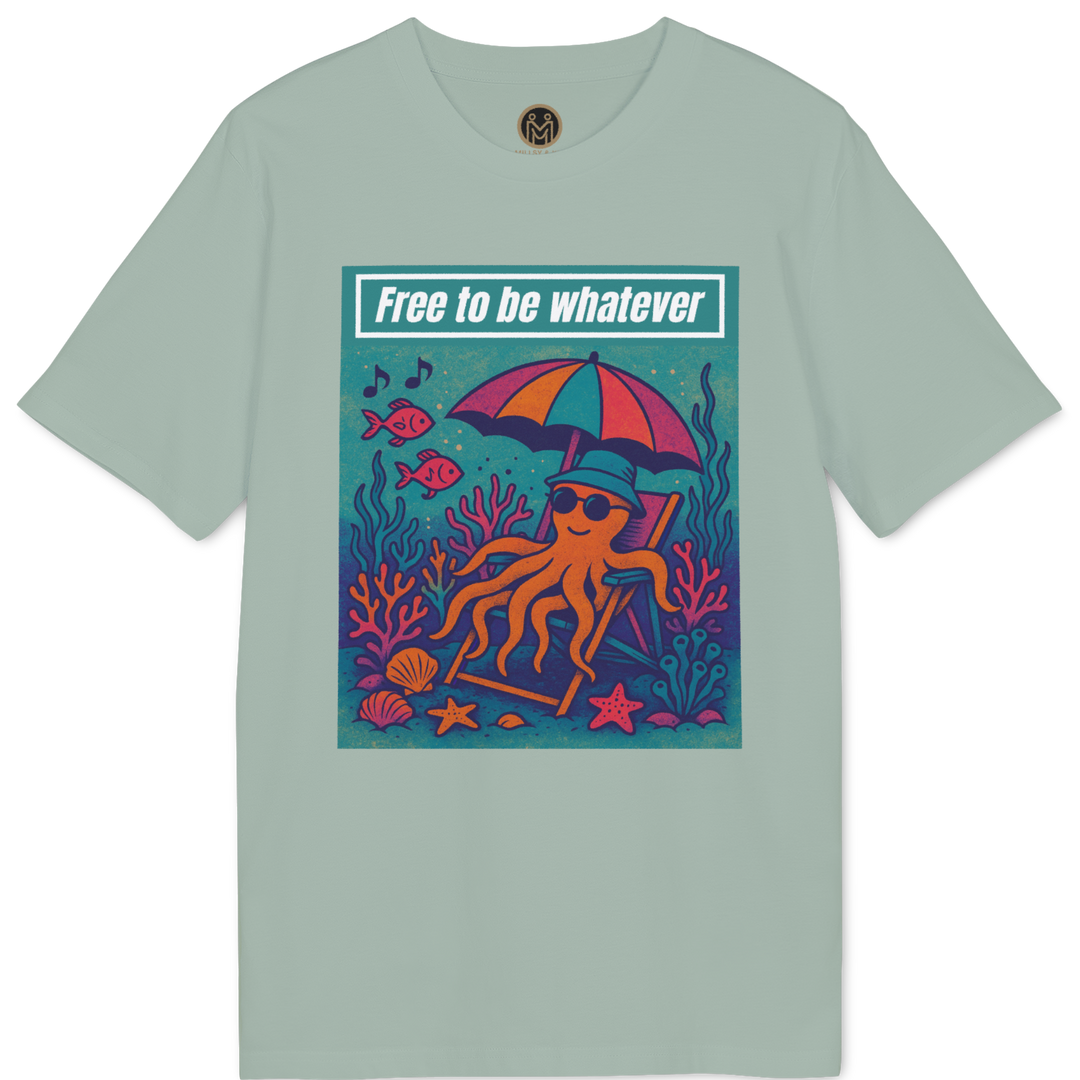 A sage green short-sleeve t-shirt with a colorful graphic print on the front. The graphic features an octopus wearing sunglasses under a pink and blue umbrella, surrounded by coral and fish, with the text &