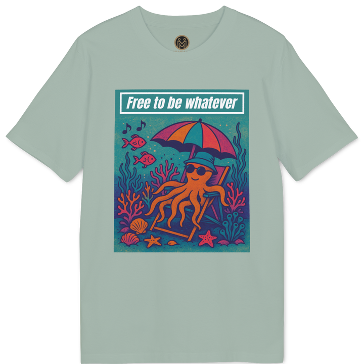 A sage green short-sleeve t-shirt with a colorful graphic print on the front. The graphic features an octopus wearing sunglasses under a pink and blue umbrella, surrounded by coral and fish, with the text &