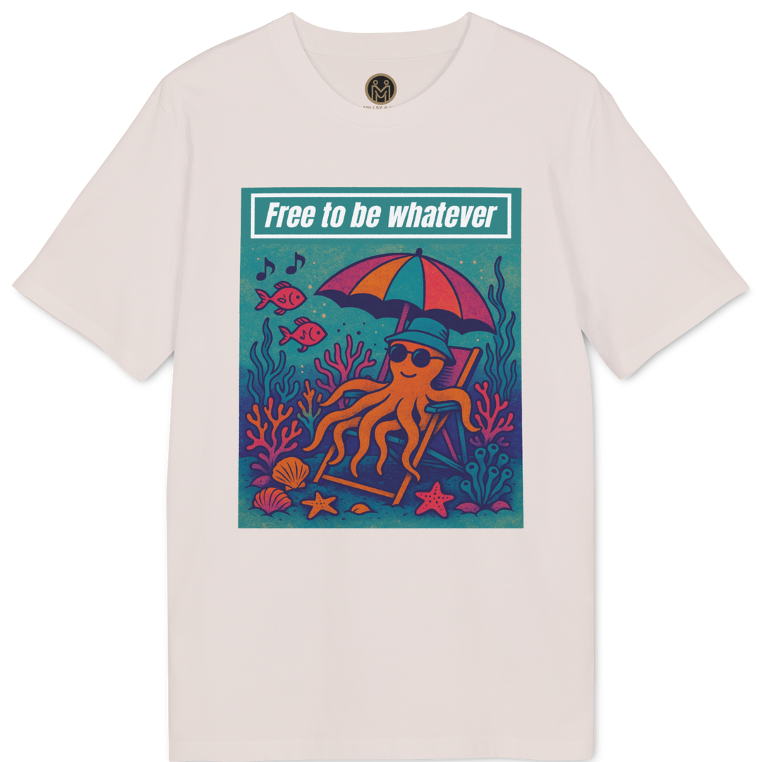 A light beige crewneck t-shirt featuring a colorful graphic print of an octopus relaxing on a beach chair under a rainbow umbrella with the text &