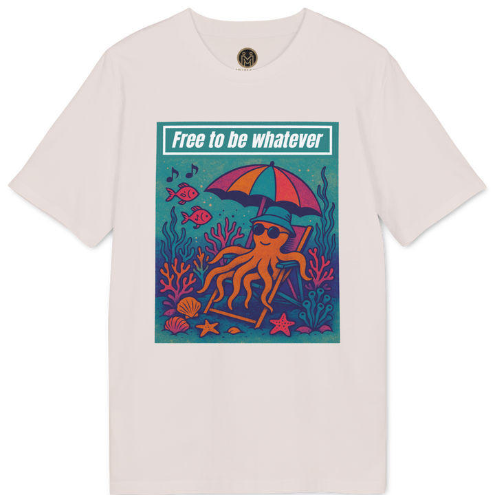 A light beige crewneck t-shirt featuring a colorful graphic print of an octopus relaxing on a beach chair under a rainbow umbrella with the text &