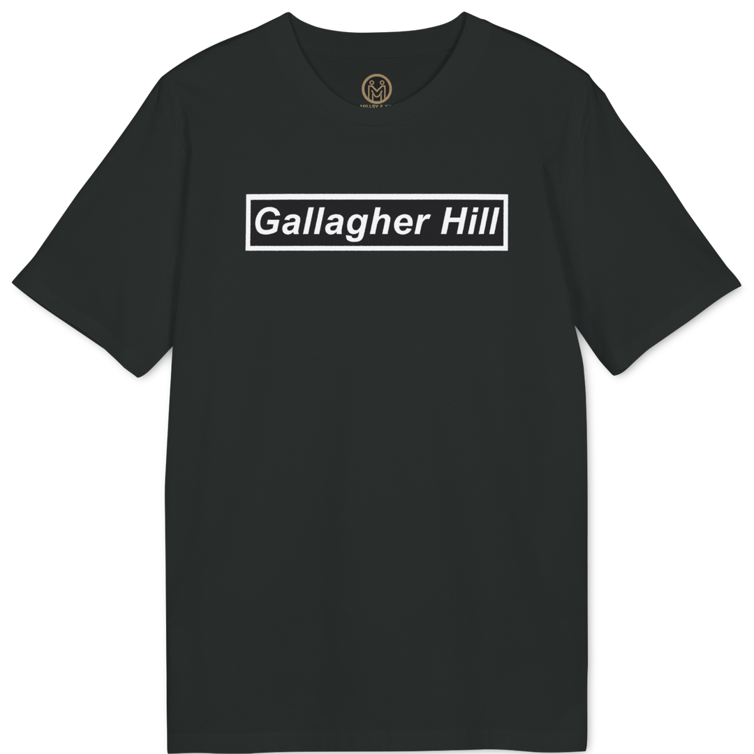A black short-sleeve crewneck t-shirt featuring a white rectangular box logo on the chest with the text 'Gallagher Hill' in white. The shirt is displayed flat against a solid white background.
