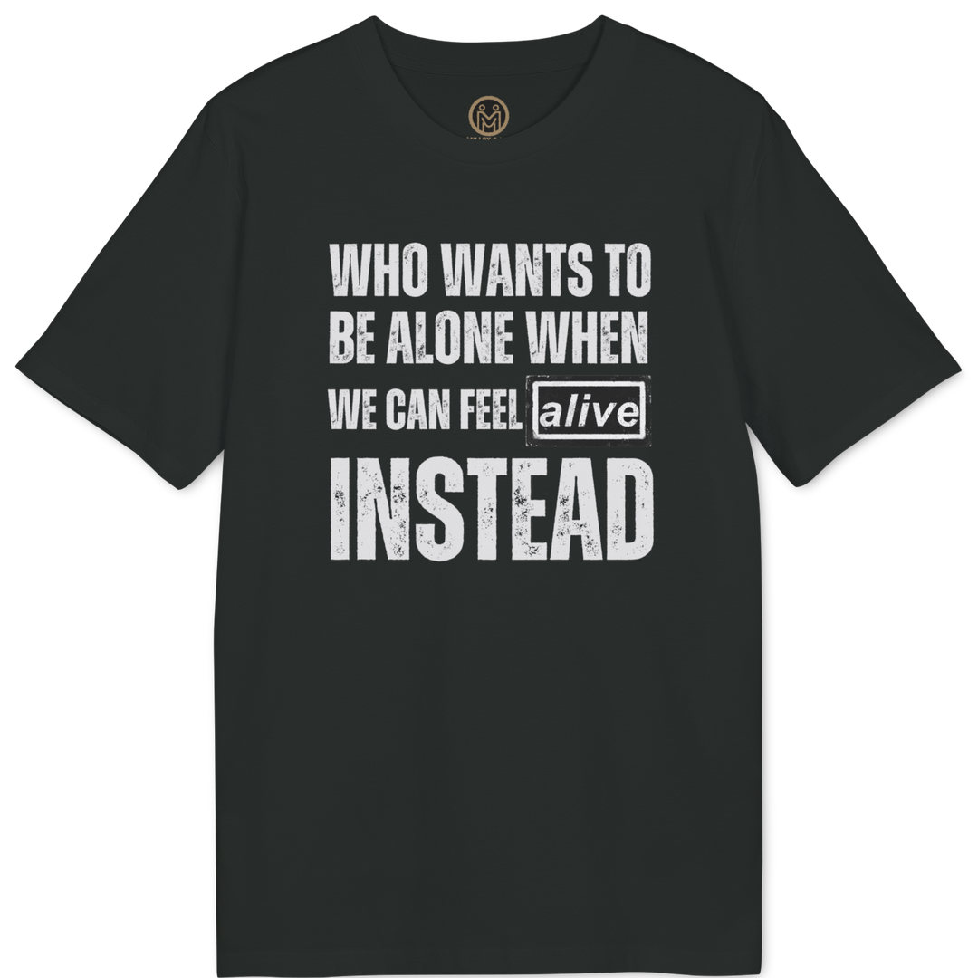 A black short-sleeve t-shirt with a distressed white text graphic on the front that reads &