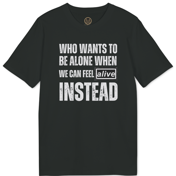 A black short-sleeve t-shirt with a distressed white text graphic on the front that reads &