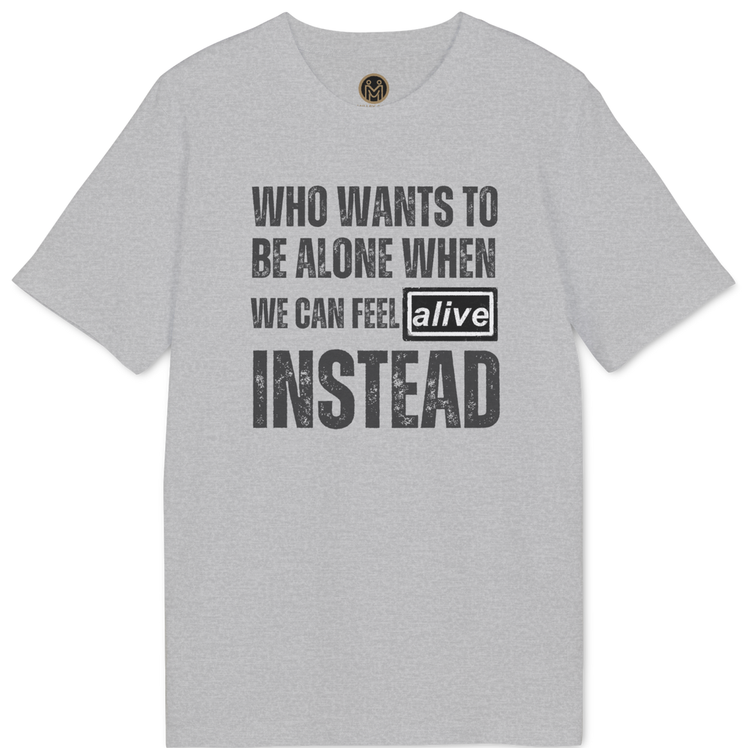 A light gray heather crewneck t-shirt with a distressed black graphic text print on the front reading &