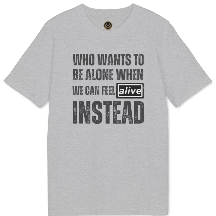 A light gray heather crewneck t-shirt with a distressed black graphic text print on the front reading &