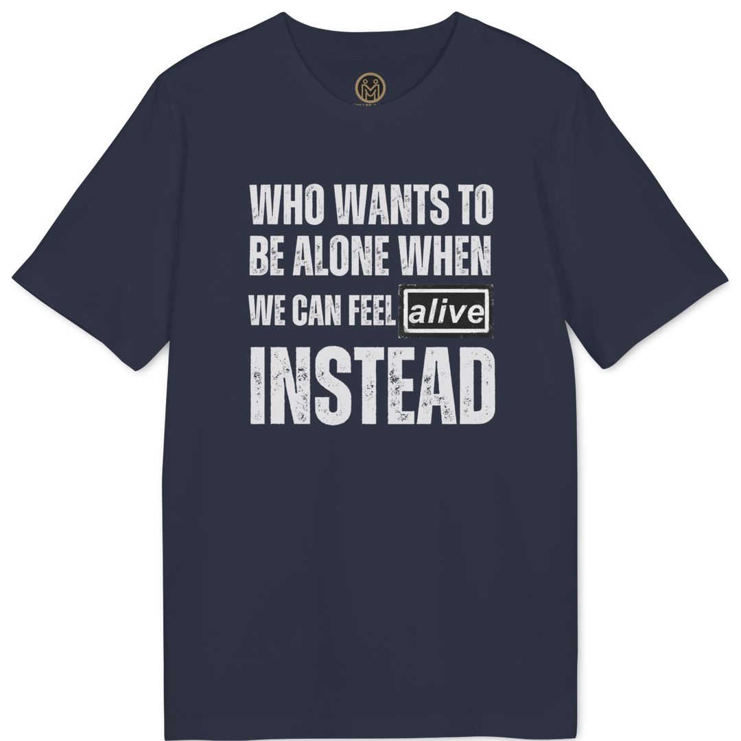 A navy blue short-sleeve t-shirt with a distressed white text graphic on the front that reads &