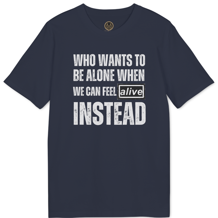 A navy blue short-sleeve t-shirt with a distressed white text graphic on the front that reads &