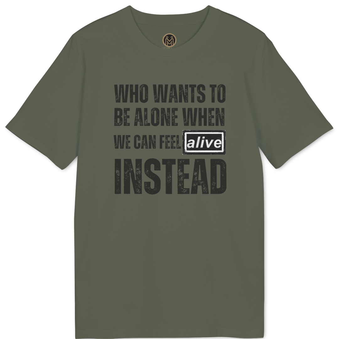 An olive green short-sleeve t-shirt with a distressed black graphic text on the front that reads &