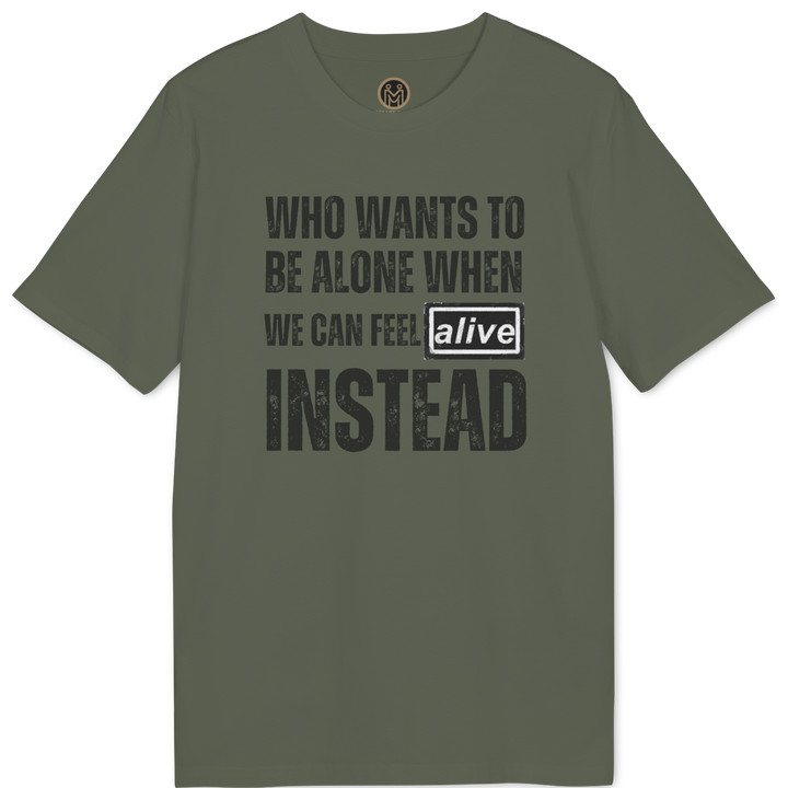 An olive green short-sleeve t-shirt with a distressed black graphic text on the front that reads &