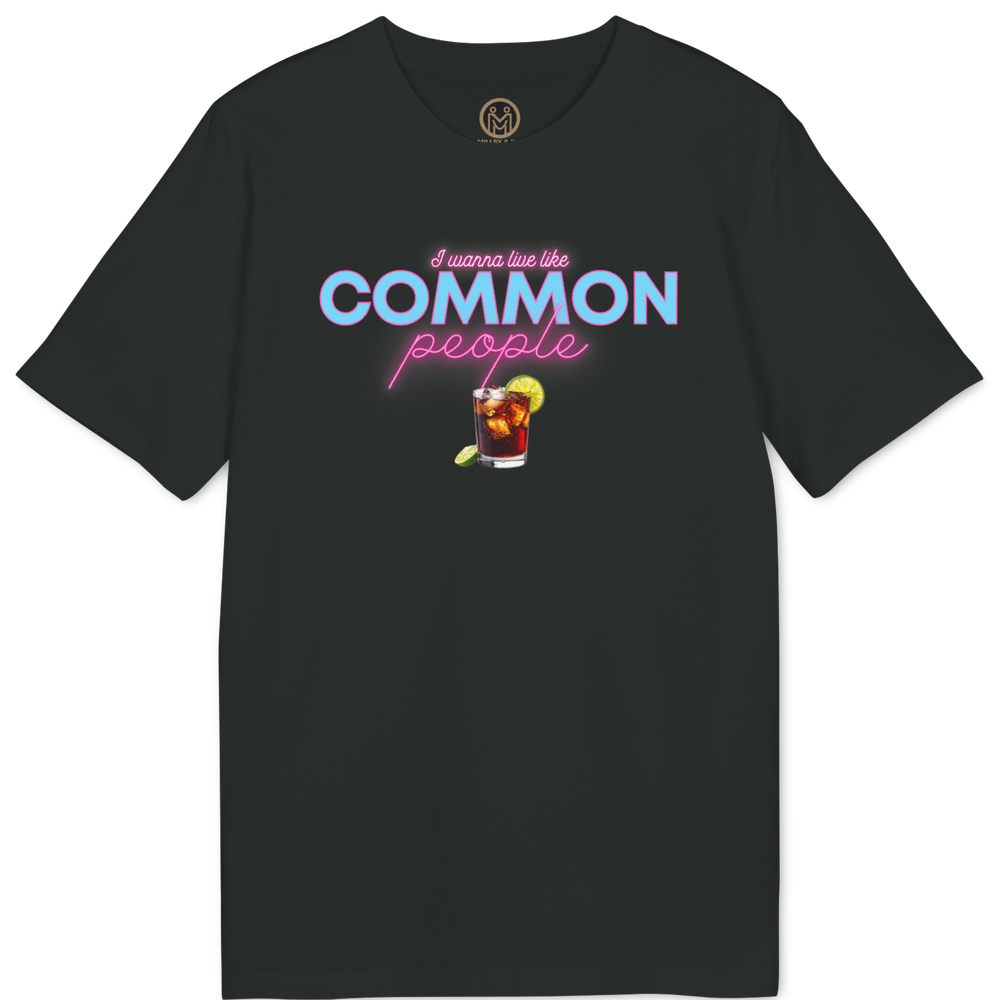A black short-sleeve t-shirt with a graphic on the chest that reads 'I possess the COMMON people' in light blue and pink text, featuring a small cartoon character holding a megaphone. The shirt is displayed flat against a solid white background.
