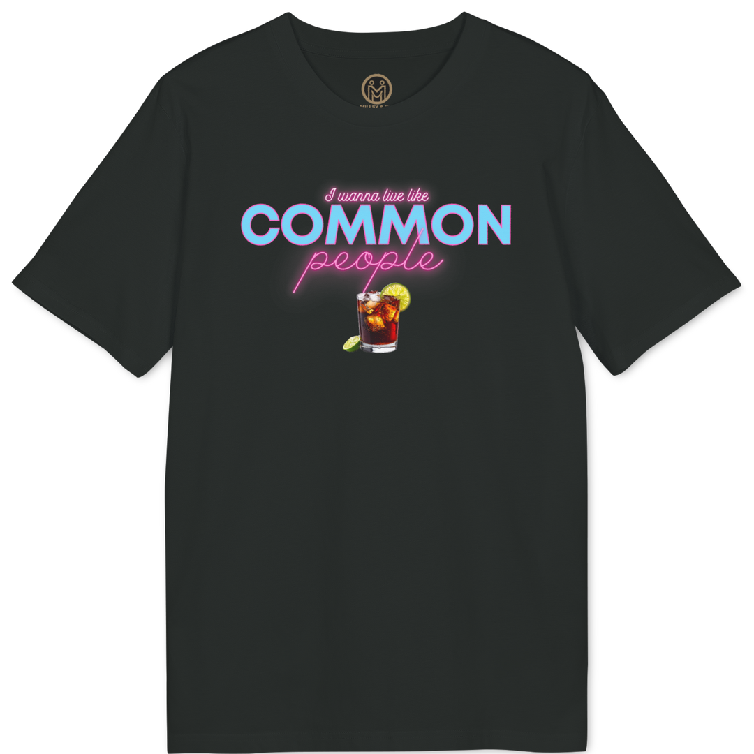 A black short-sleeve t-shirt with a graphic on the chest that reads &