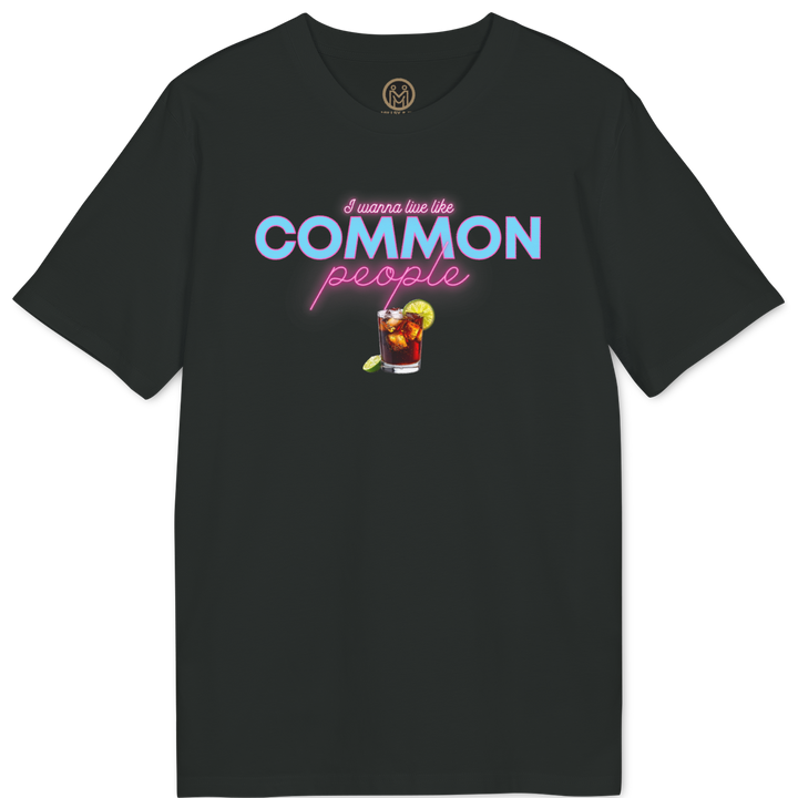 A black short-sleeve t-shirt with a graphic on the chest that reads &