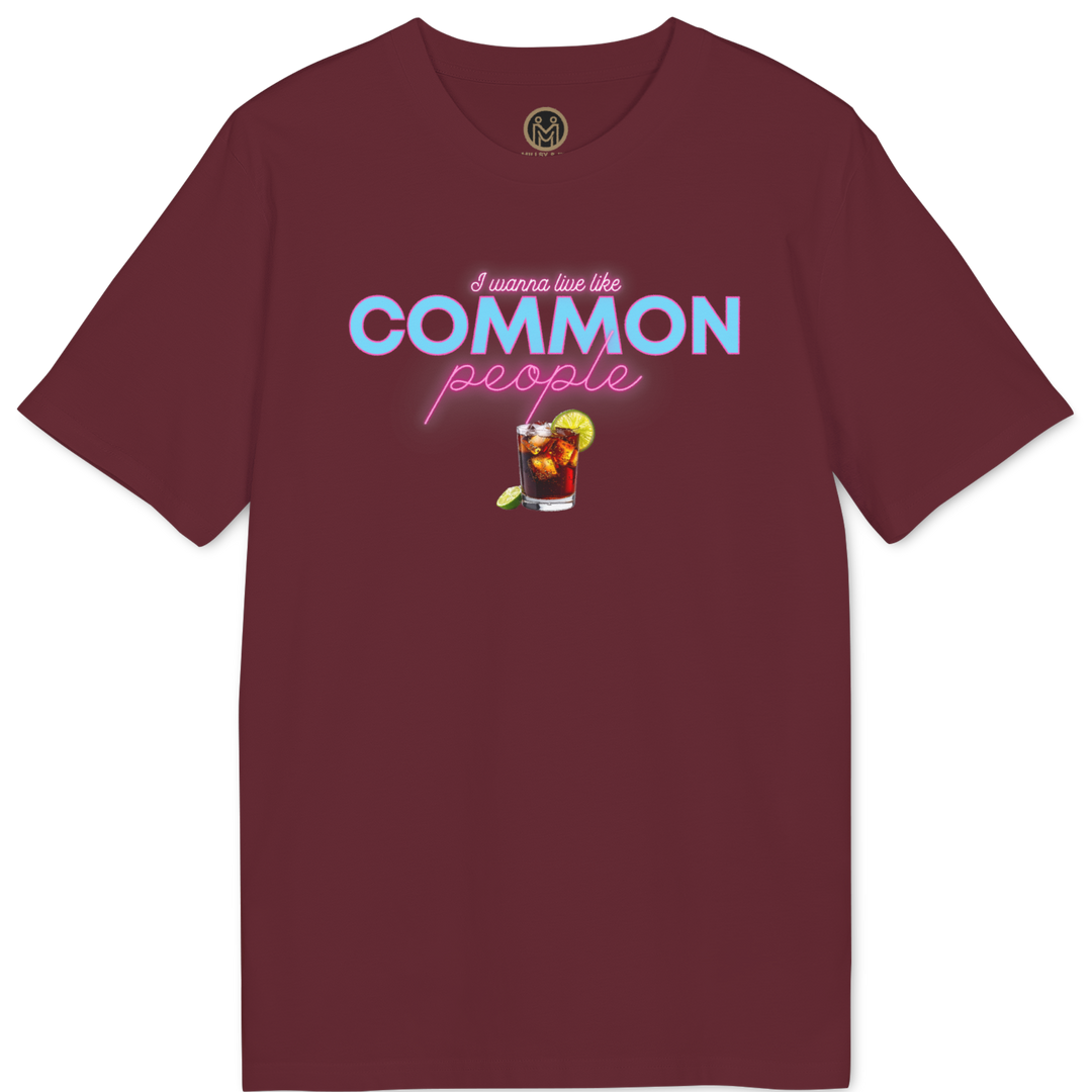 A maroon short-sleeve crewneck t-shirt with a graphic on the chest that reads &